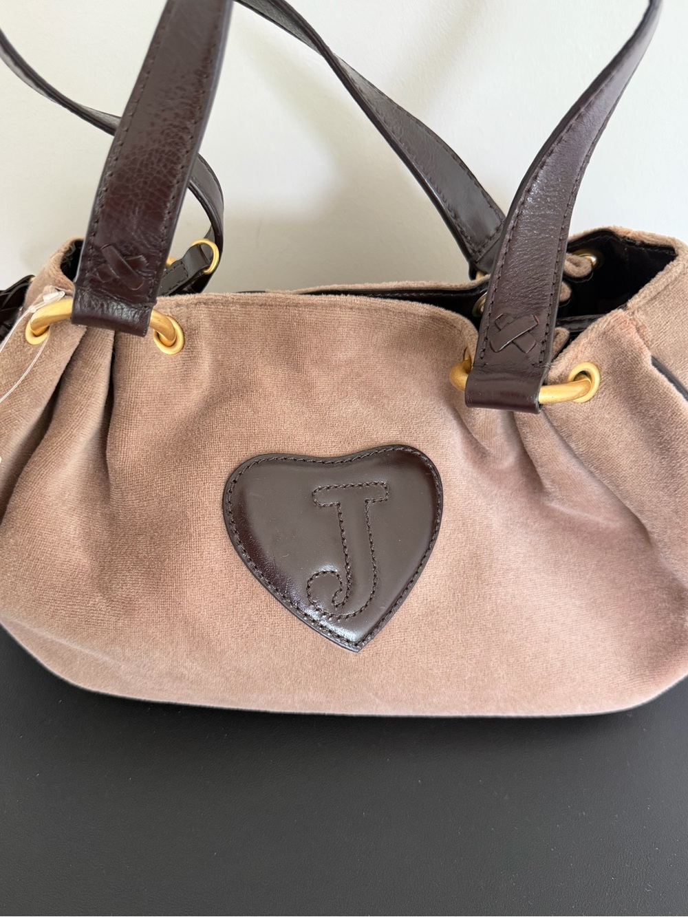 Juicy Couture Velour Satchel Shoulder Bag Doe Brown Y2K Heart Charm - Picture 6 of 16